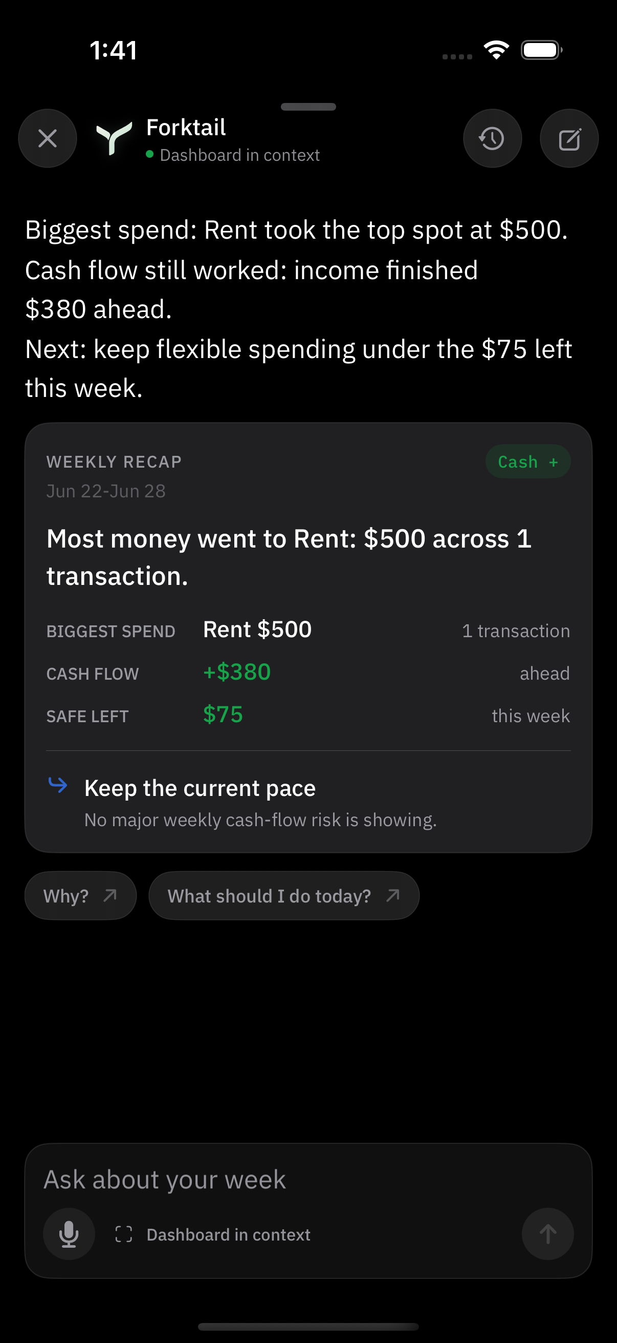 Current Forktail conversation showing a grounded weekly recap over the dashboard context