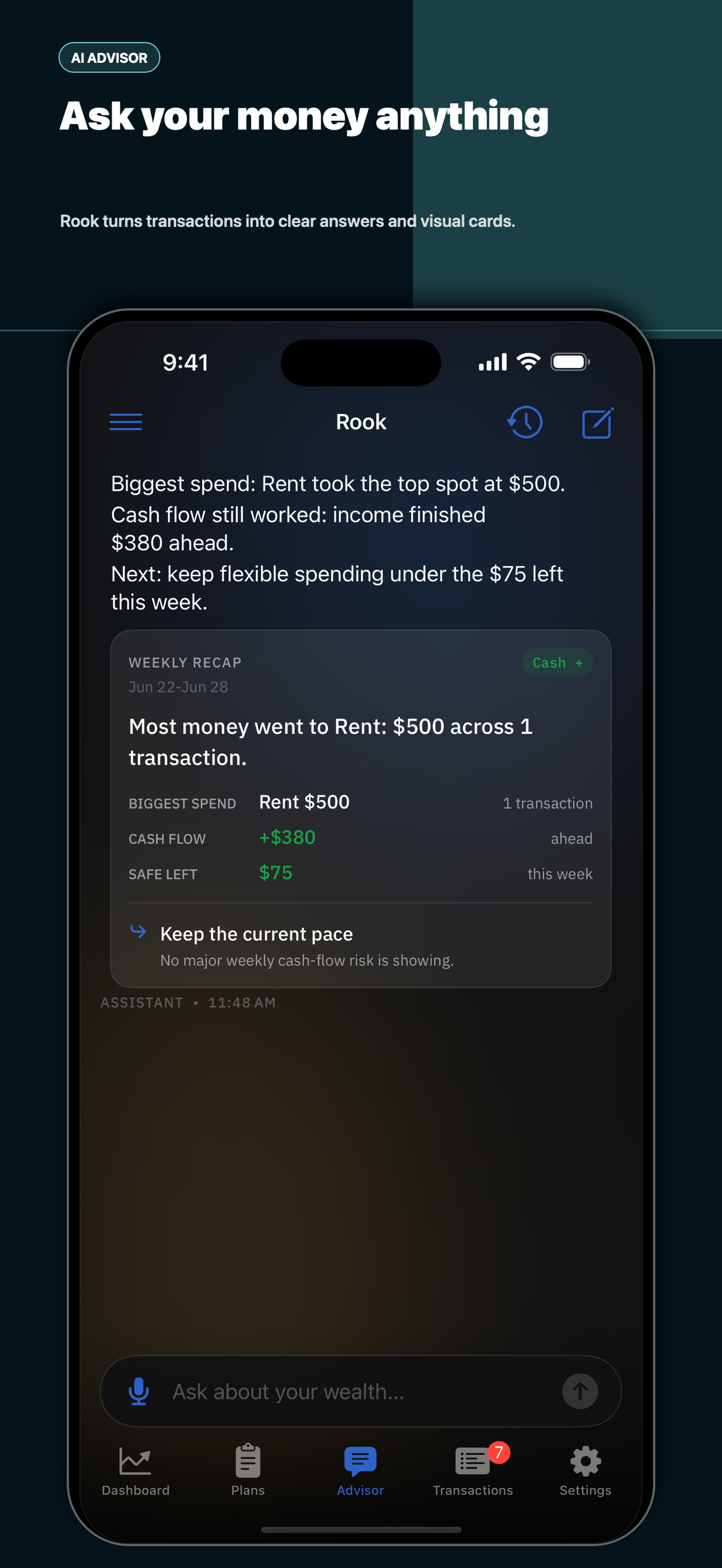 Forktail Advisor answering a question with a grounded weekly recap card