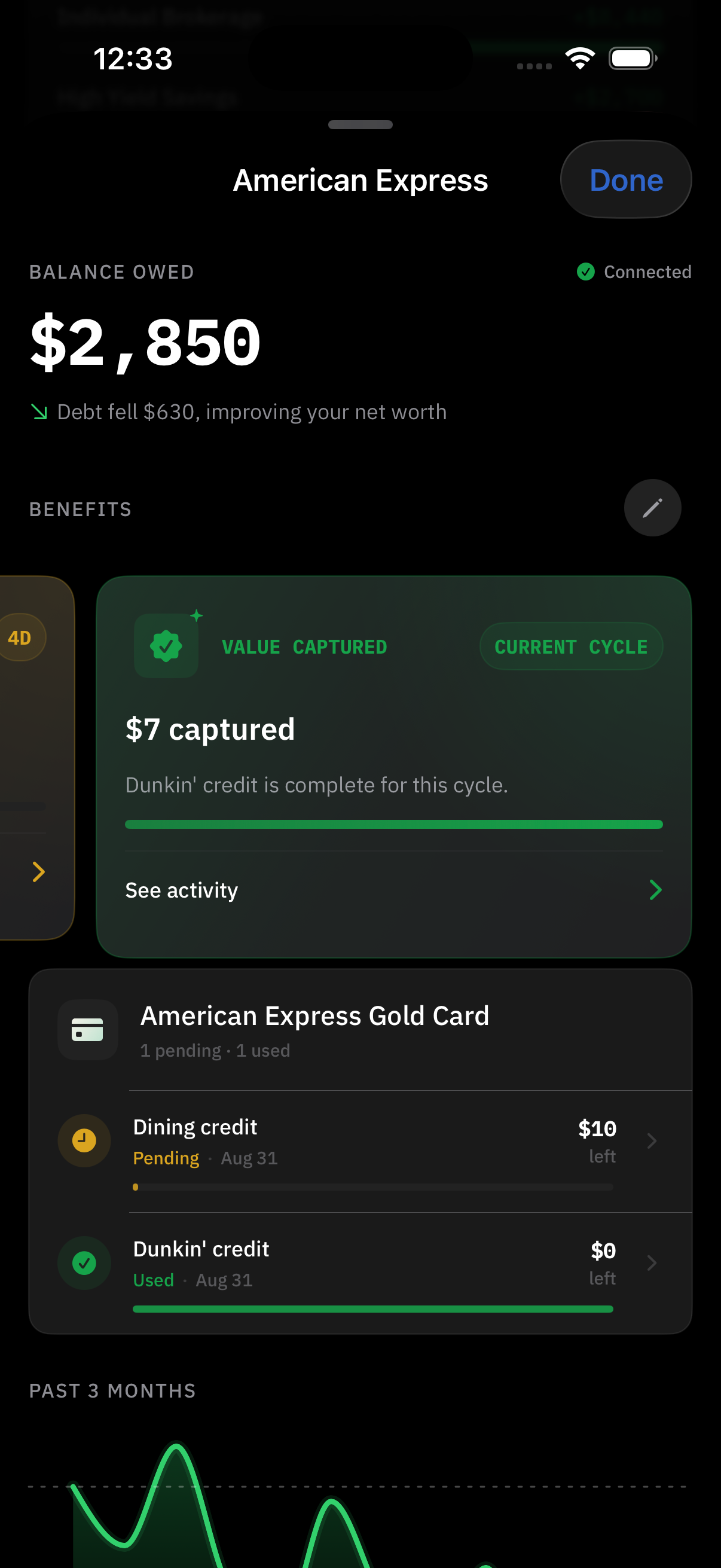 Forktail card-benefit view from build 467.1 showing $7 captured for the current cycle and a compact benefit ledger