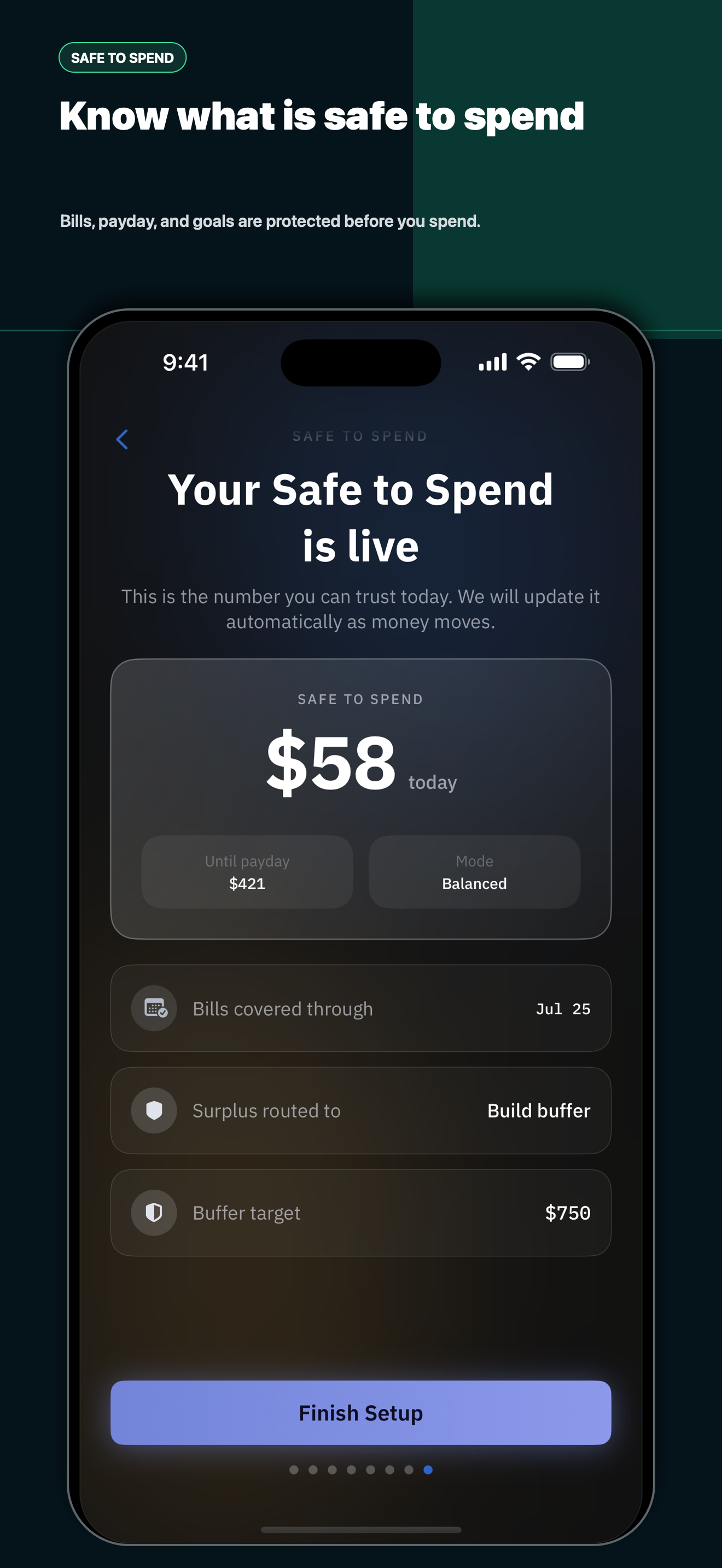 Forktail Safe to Spend setup screen showing $58 safe to spend today