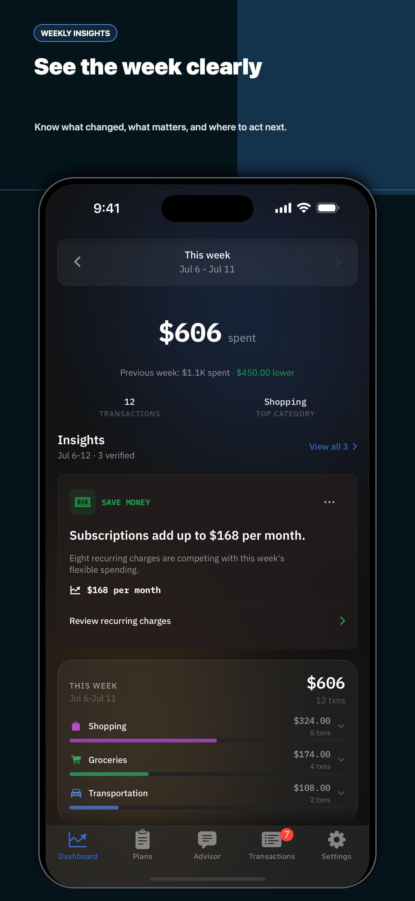 Forktail weekly insights screen showing spending, categories, and a subscription saving opportunity